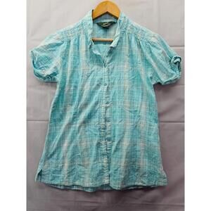 Woolrich Womens M Aqua Plaid Short Sleeve Button Front Shirt 100 Percent Cotton